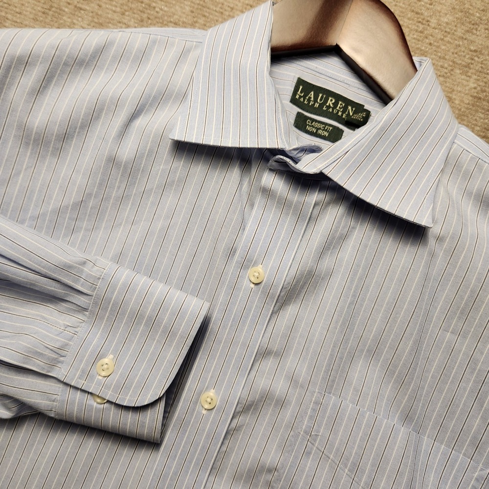 Lauren Ralph Lauren Dress Shirt Mens 17.5 34/35 Blue White Striped Non Iron LRL